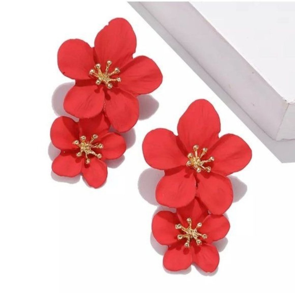 Boho Plumeria Flower Aloha Dangle Drop Statement Earrings Red II